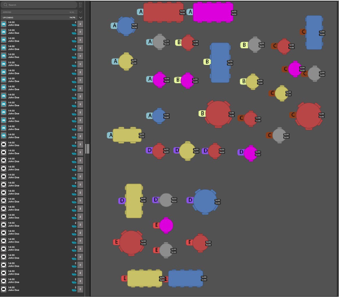 SevenRooms existing interface showing colour-coded table states