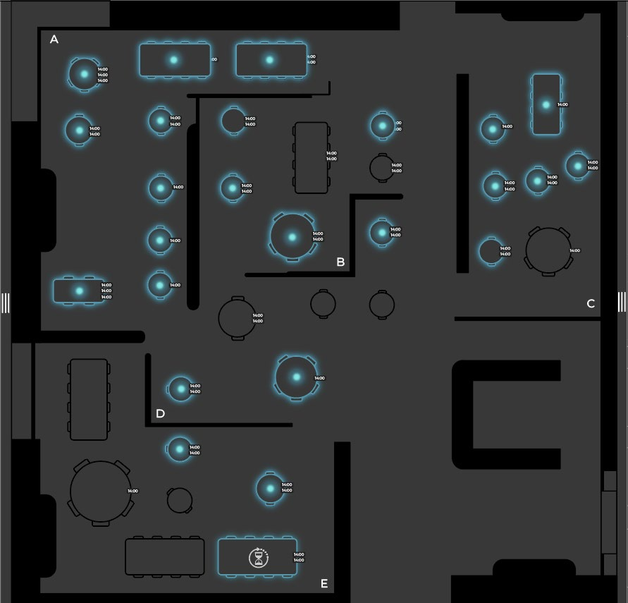 Floorplan with blue table-level occupancy glow