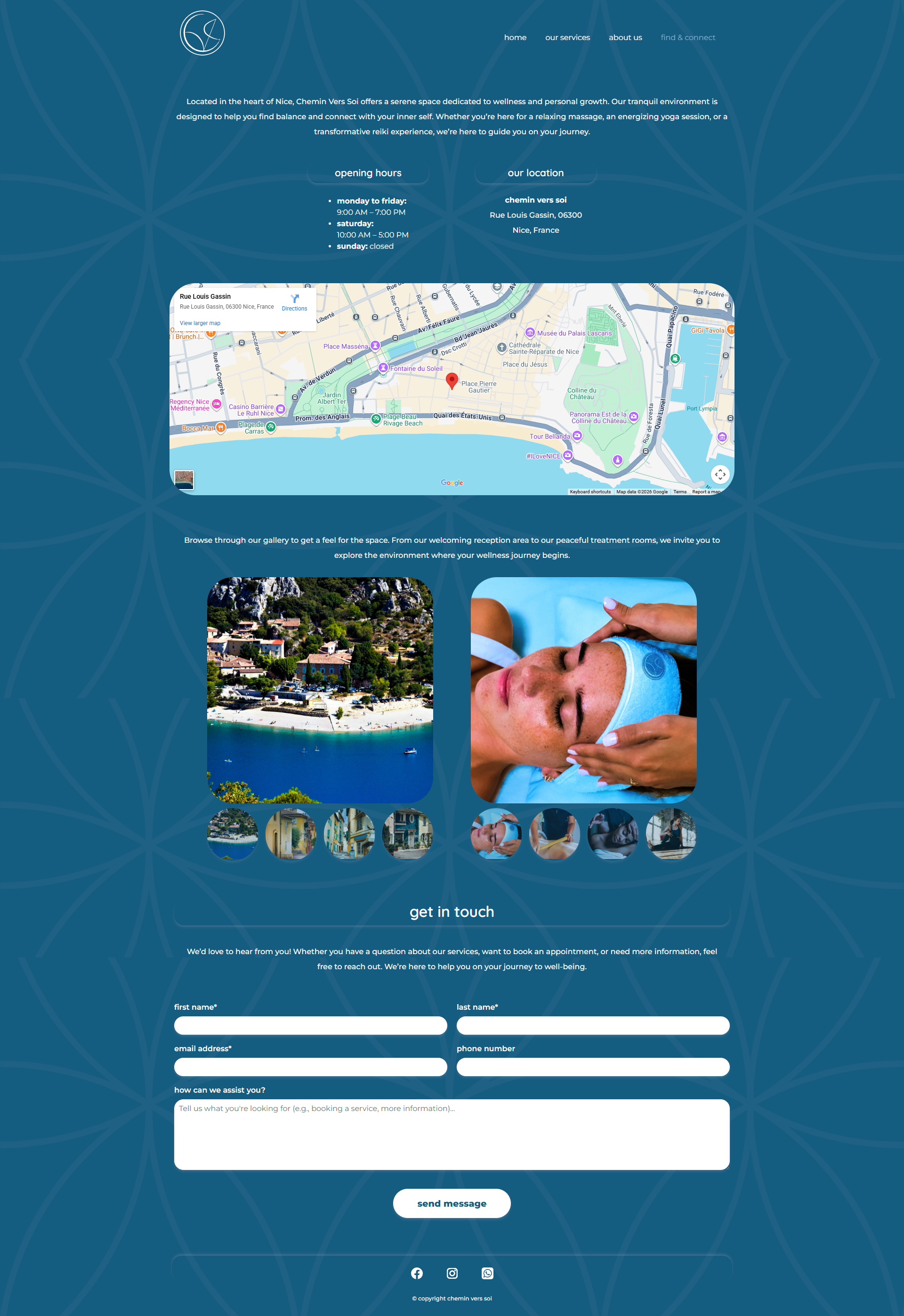 Find & Connect page — Google Maps, photo gallery, opening hours, and contact form