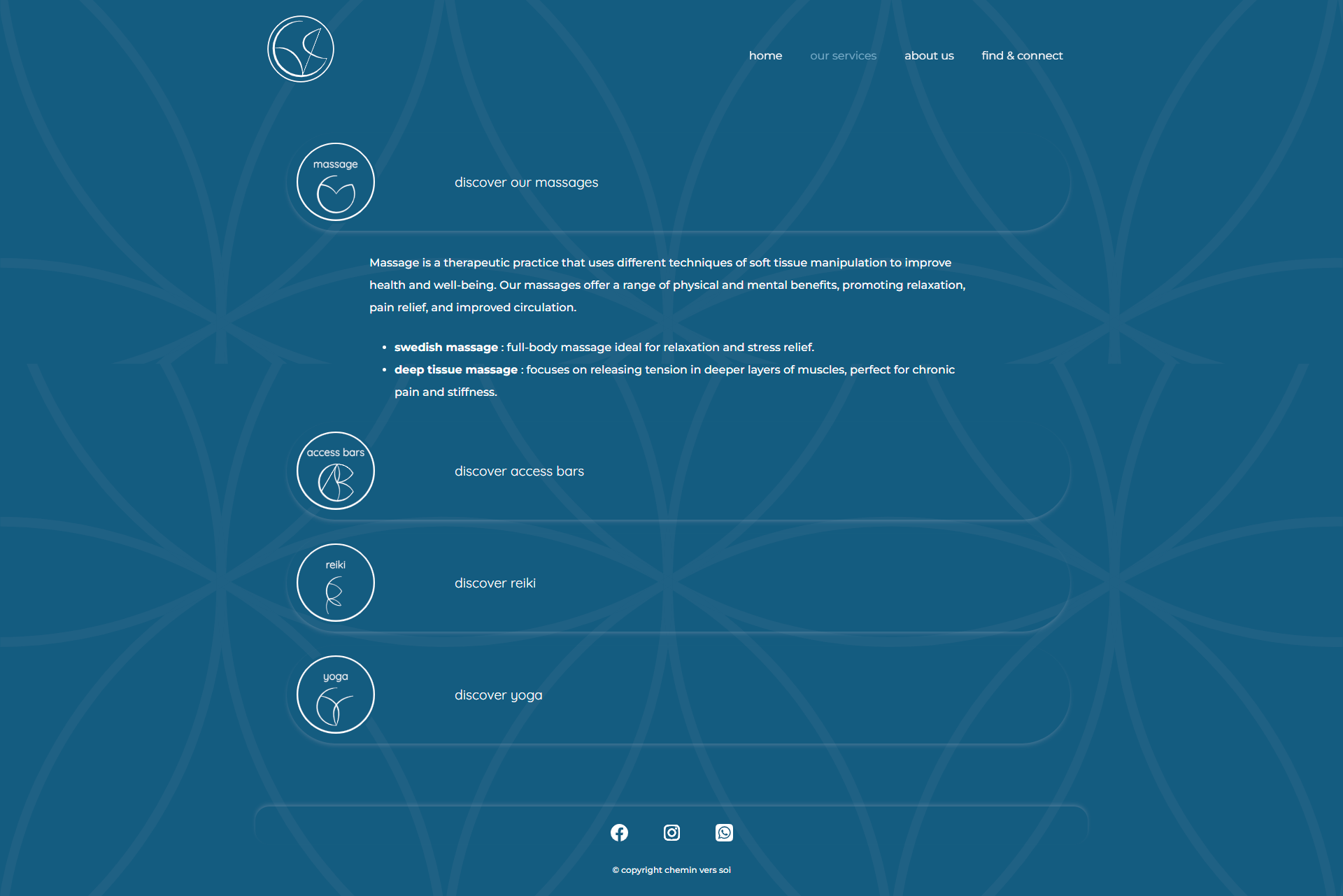 Services detail — massage expanded with treatment descriptions