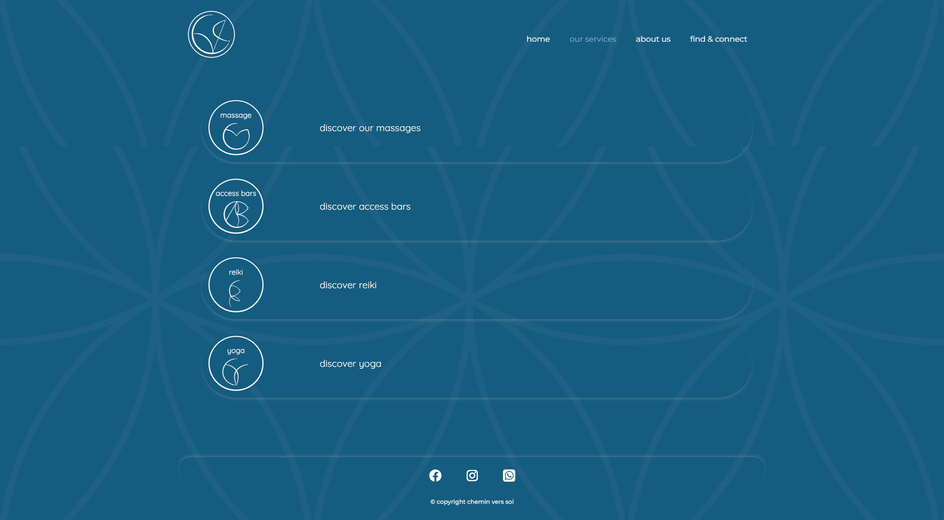 Services overview — icons for massage, access bars, reiki, and yoga
