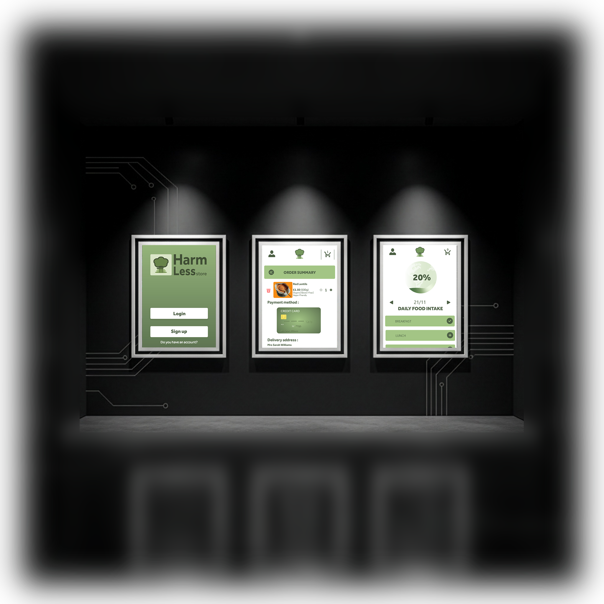 Harmless Store cover - app interface with eco gauges