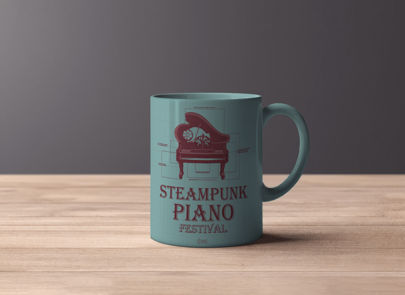 Steampunk Festival ceramic mug with archival teal logo
