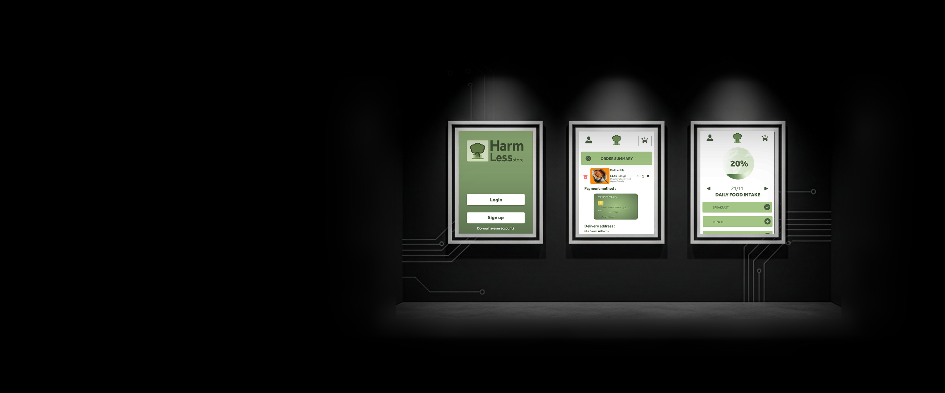 Harmless Store dashboard with meal and eco-action gauges