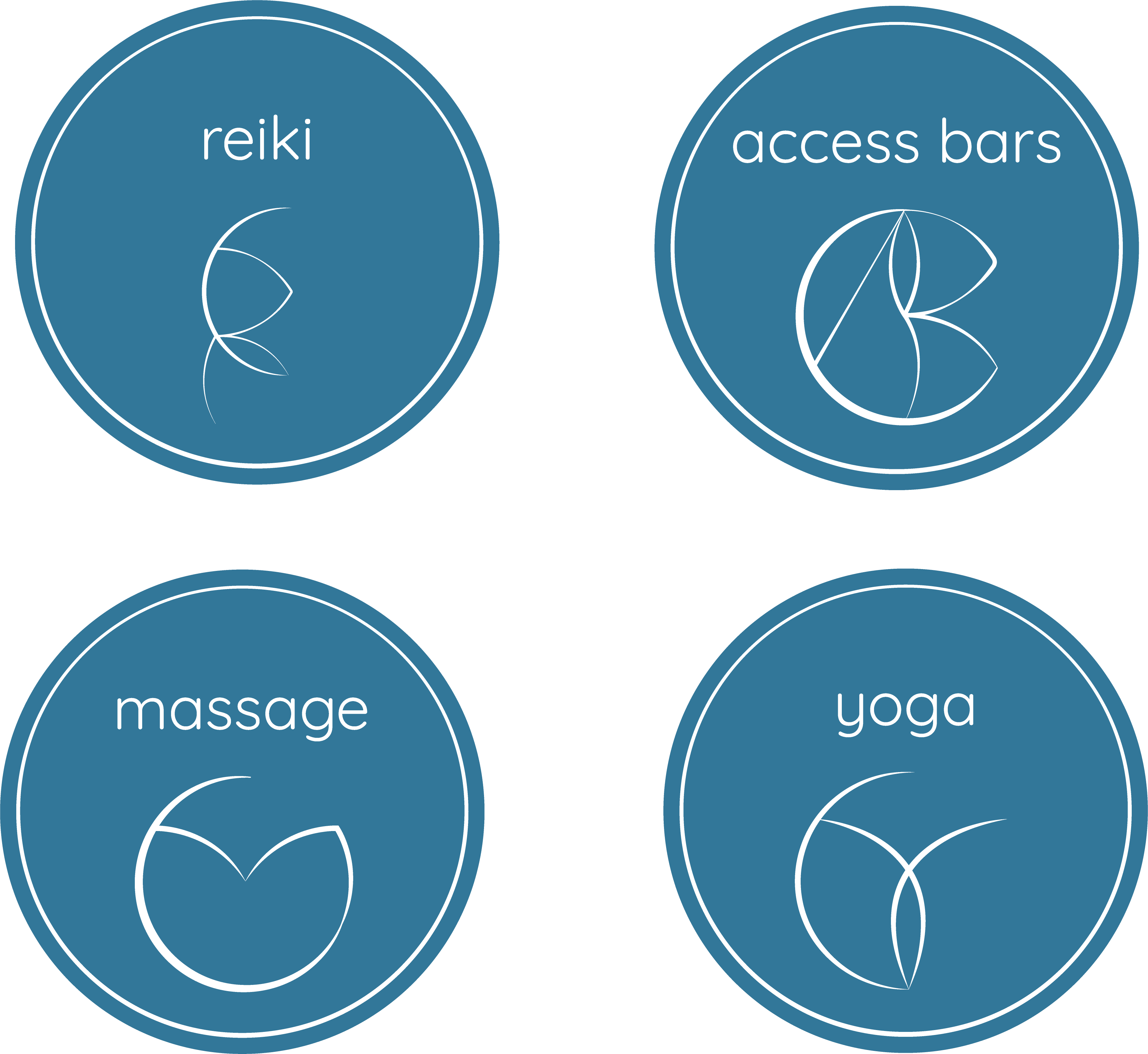 Four service icons arranged in a 2×2 grid — reiki (top left), access bars (top right), massage (bottom left), yoga (bottom right) — each drawn in the same curved line style on a teal circular field